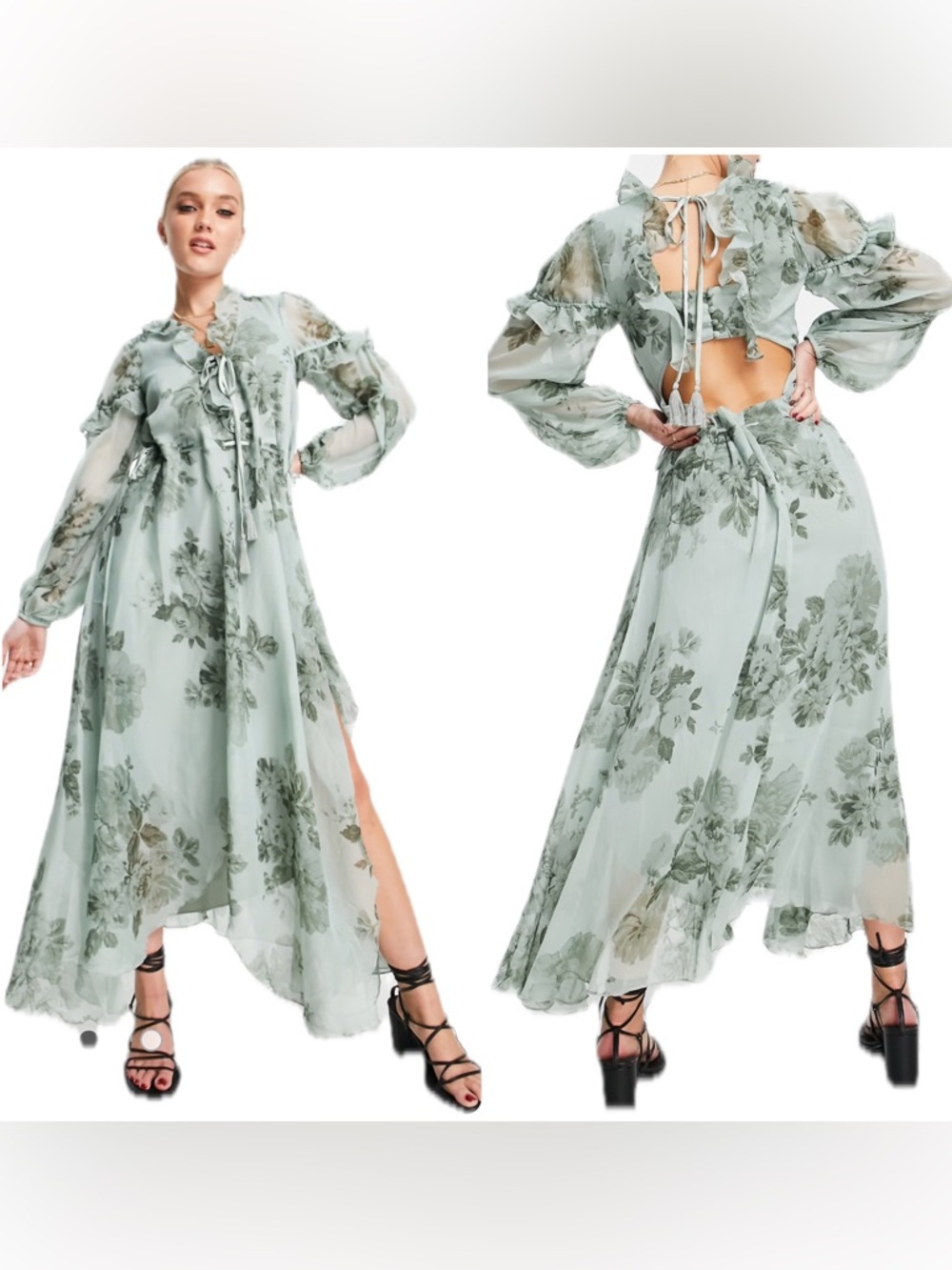 ASOS Design Low-Cut Sage Green Ruffle Floral Midi Dress NWT $159